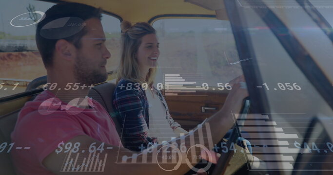 Fototapeta Image of digital data processing over two caucasian people in car