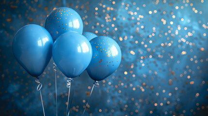Blue balloons on a blurred shiny blue background.