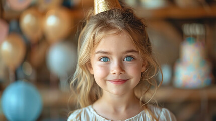 Portrait of a little girl wearing a party hat, Birthday concept.