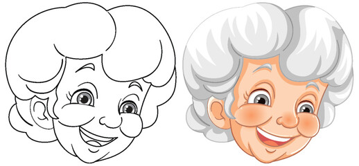 Black and white and colored granny faces side by side.