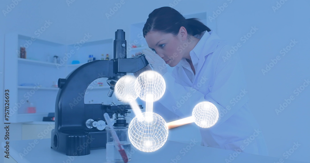 Poster image of molecules over caucasian female scientist using microscope in lab