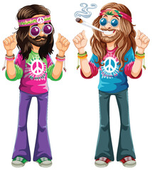 Colorful, retro-styled hippie characters in vector art.