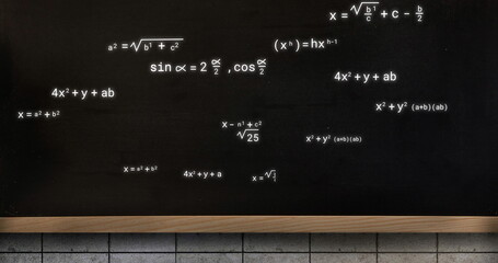 Image of mathematical equations over black board