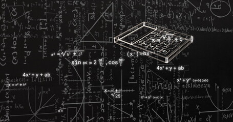 Image of school icons over mathematical equations on black background