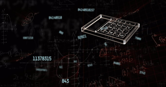 Image of icons and data processing over mathematical equations on black background