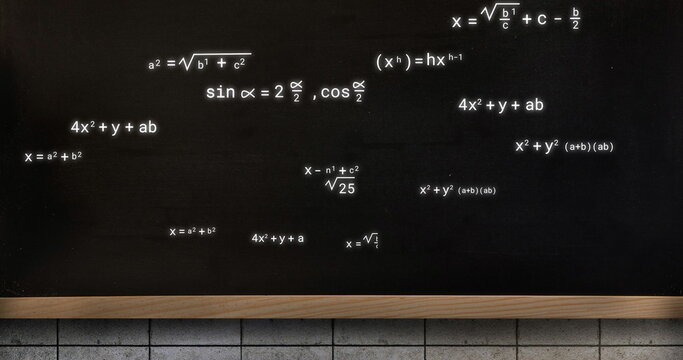 Image of mathematical equations over black board