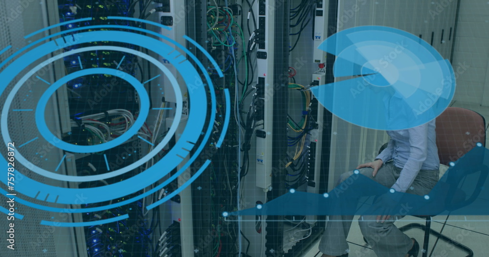 Poster image of interface with data processing over caucasian female engineer working at server room