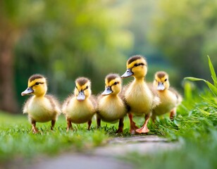 A cute group of ducklings waddling in a row and showcasing their adorable quirkiness