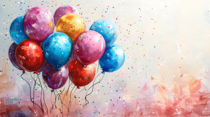 Watercolor greeting card with balloons and confetti on a white background.