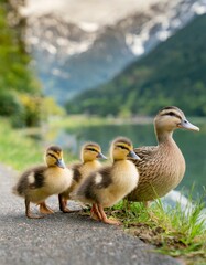 A cute group of ducklings waddling in a row behind their adult duck mother, showcasing their adorable quirkiness