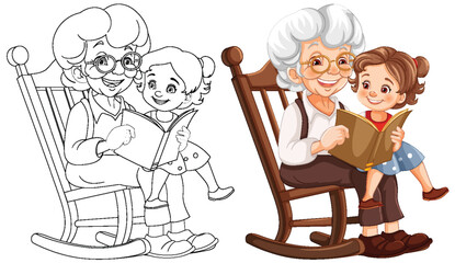 Colorful vector of grandma and child sharing a book