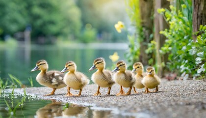 A cute group of ducklings waddling in a row and showcasing their adorable quirkiness