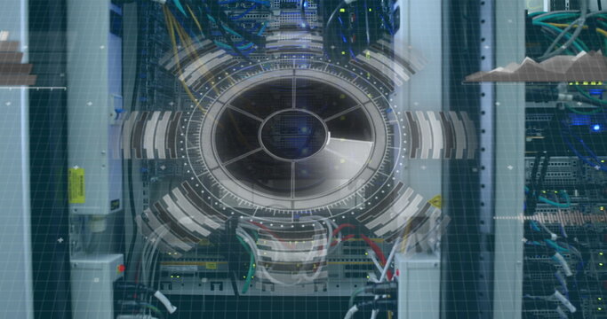 Image of round scanner and data processing and round scanner over close up of a computer server