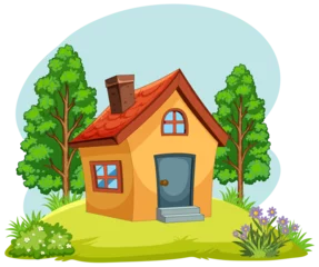 Garden poster Kids Charming small house surrounded by nature and trees