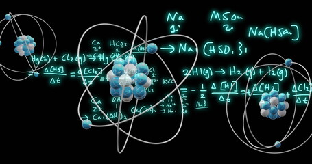 Image of atom model spinning and data processing on black background