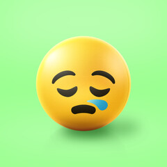 Sleepy Emoji stress ball on shiny floor. 3D emoticon isolated.