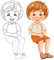 Illustration of a cheerful boy sitting, colored and outlined.