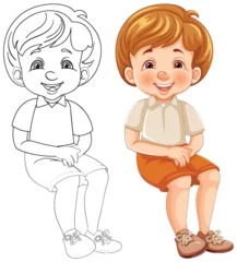 Cercles muraux Enfants Illustration of a cheerful boy sitting, colored and outlined.