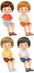 Four cheerful animated boys sitting and smiling.