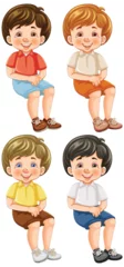 Stickers fenêtre Enfants Four cheerful animated boys sitting and smiling.