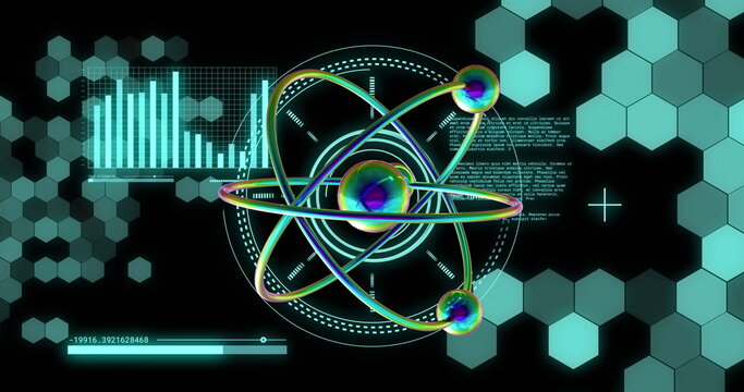 Image of atom model spinning and data processing on black background