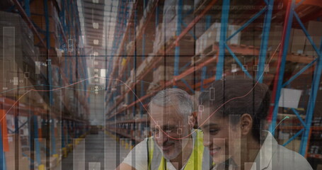 Fototapeta na wymiar Image of financial data processing over smiling man and woman working in warehouse