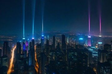 Nighttime view of a futuristic metropolitan skyline lit by neon lights and glowing buildings. 