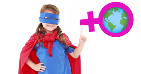 Image of globe on female symbol over superhero girl