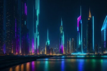 Obraz premium At night, the futuristic metropolis skyline is lighted by neon lights and glowing buildings. 