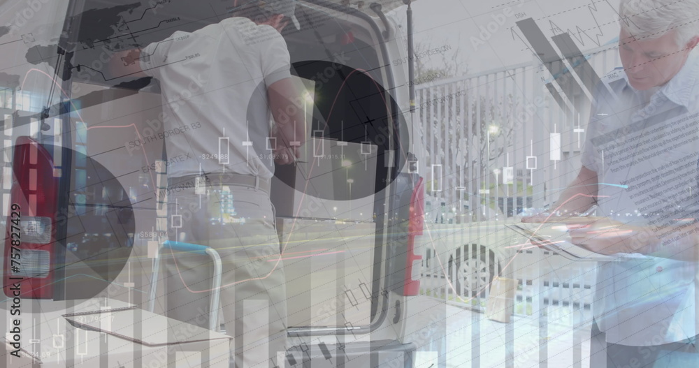 Poster image of statistics and financial data processing over delivery man and van