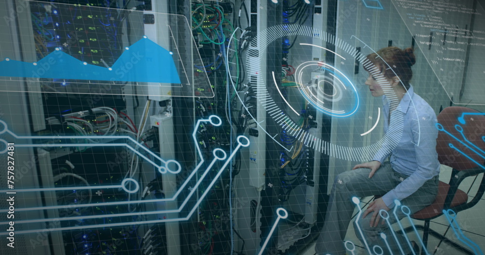 Poster image of interface with data processing over caucasian female engineer working at server room