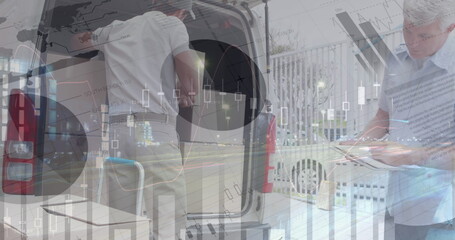 Image of statistics and financial data processing over delivery man and van
