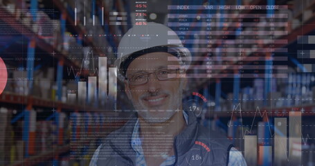 Statistical data processing against portrait of senior male supervisor smiling at warehouse