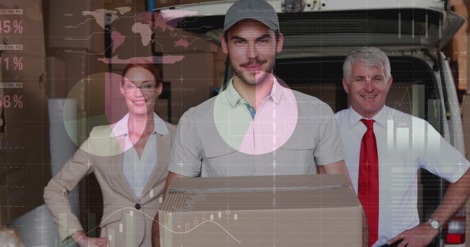 Image of statistics and financial data processing over delivery man and van