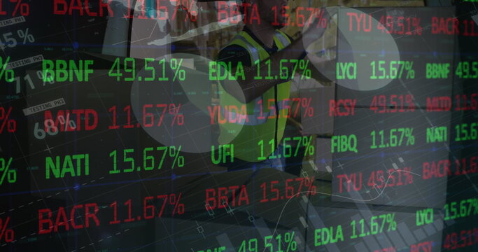 Image of statistics and financial data processing over delivery man and van