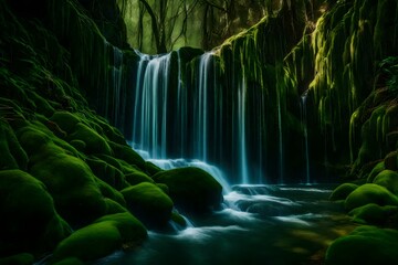 A magnificent waterfall cascades down a moss-covered rock wall in a hidden sanctuary. - obrazy, fototapety, plakaty