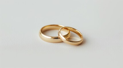 2 beautiful classical golden wedding rings. Symbol of devotion and love. White isolated background. Gold jewelry. Wedding celebration details close up. Traditional accessories closeup.