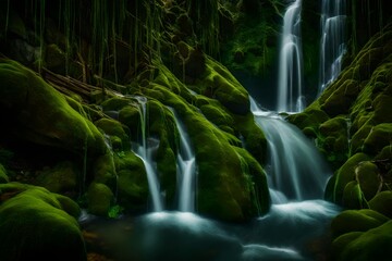 A mystical waterfall tumbling down a moss-covered rock wall in a secret sanctuary.