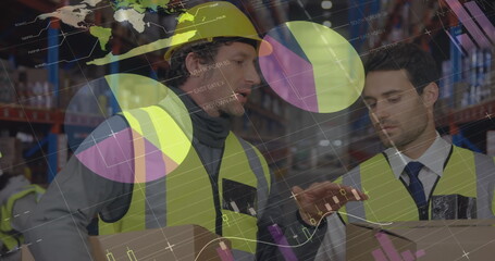 Statistical data processing against caucasian male supervisor and worker discussing at warehouse