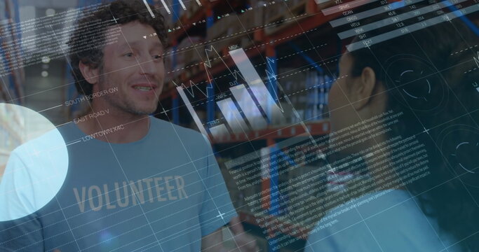 Statistical data processing over diverse male and female volunteers hugging each other at warehouse - Powered by Adobe
