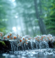 Serene waterfall with blossoming flowers