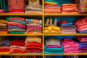 Nicely organised women's wardrobe filled with colourful clothes, cozy bedroom wardrobe. Female closet organization concept. Design for textile, interior, print. Close up view - obrazy, fototapety, plakaty