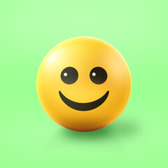 Happy smiling Emoji stress ball on shiny floor. 3D emoticon isolated.