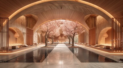 Serene indoor sakura garden and reflecting pool - obrazy, fototapety, plakaty
