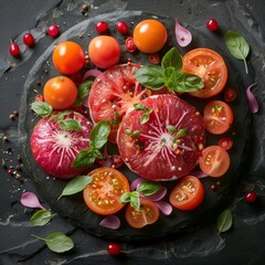 Fresh tomato salad on dark slate background