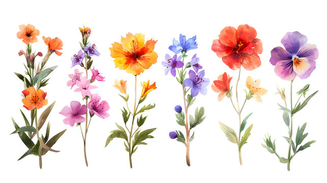 Grunge oil painted summer flowers isolated on a white background, perfect for art projects, decoration, and nature-themed designs.