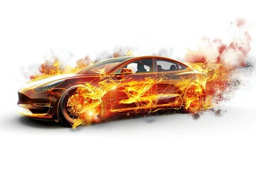 Electric car on fire isolated on white background Generative Ai 