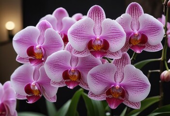 vibrant orchids with a blurred background, showcasing their delicate petals transitioning from light pink to deeper tones towards the center.