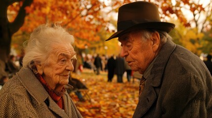 Elderly couple conversing outdoors with autumn leaves in the background. - obrazy, fototapety, plakaty