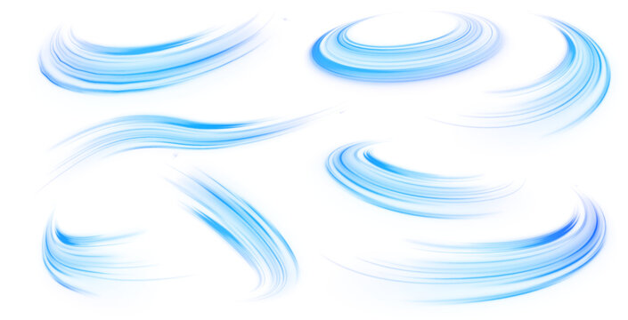 Wavy transparent curved lines in the form of the movement of sound waves in a set of different shapes of whirlpool. Light, light garland PNG.	